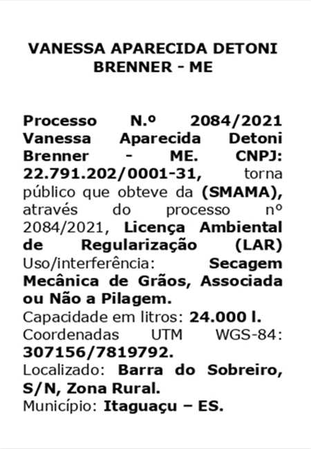 LICENÇA AMBIENTAL OBTIDA - VANESSA APARECIDA DETONI BRENNER - ME